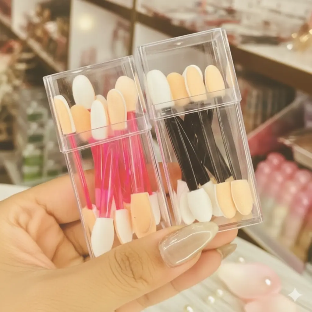 Clear case holding ten dual ended foam eyeshadow applicators