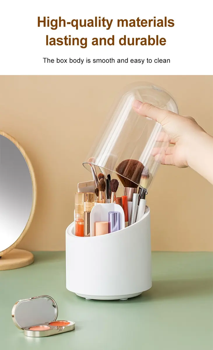 Covered rotating makeup brush holder with divided compartments