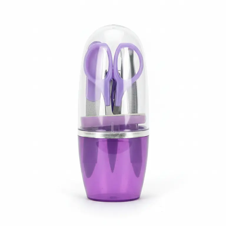 Purple five piece compact manicure set in upright storage case