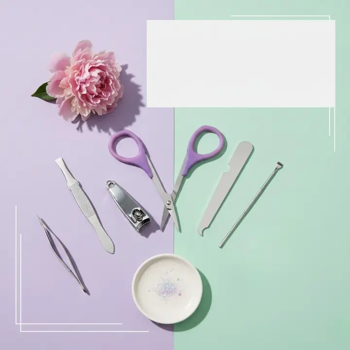 Five compact manicure tools displayed beside their purple case
