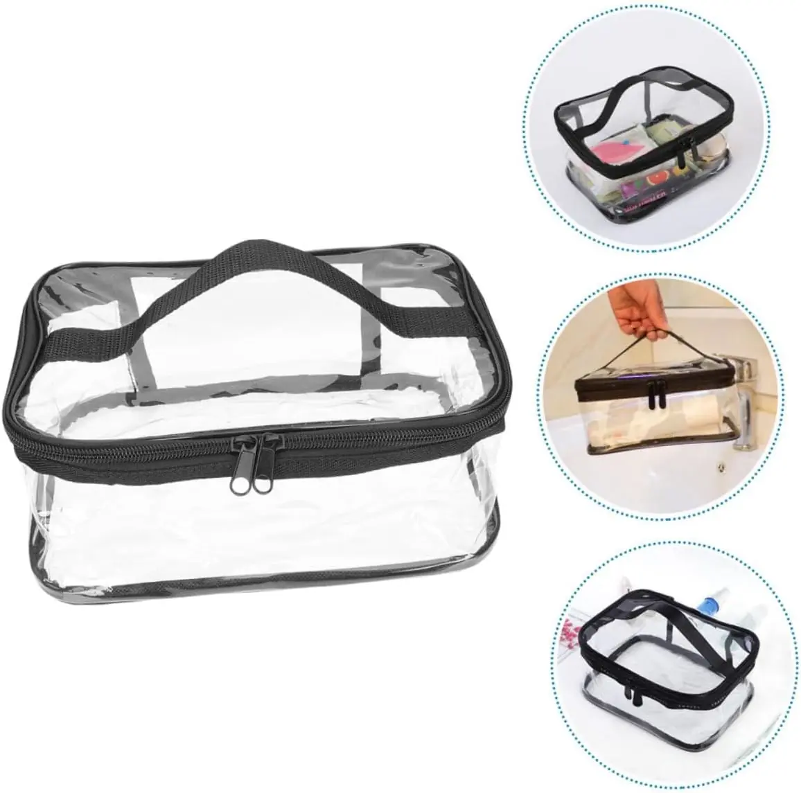 Clear rectangular travel makeup bag with black zipper trim