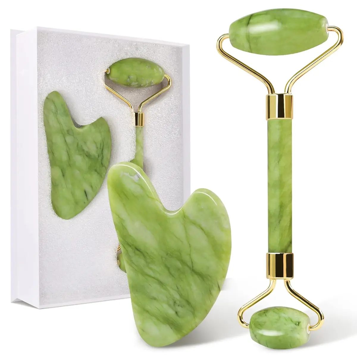 Green jade style facial roller and gua sha tool set on white background